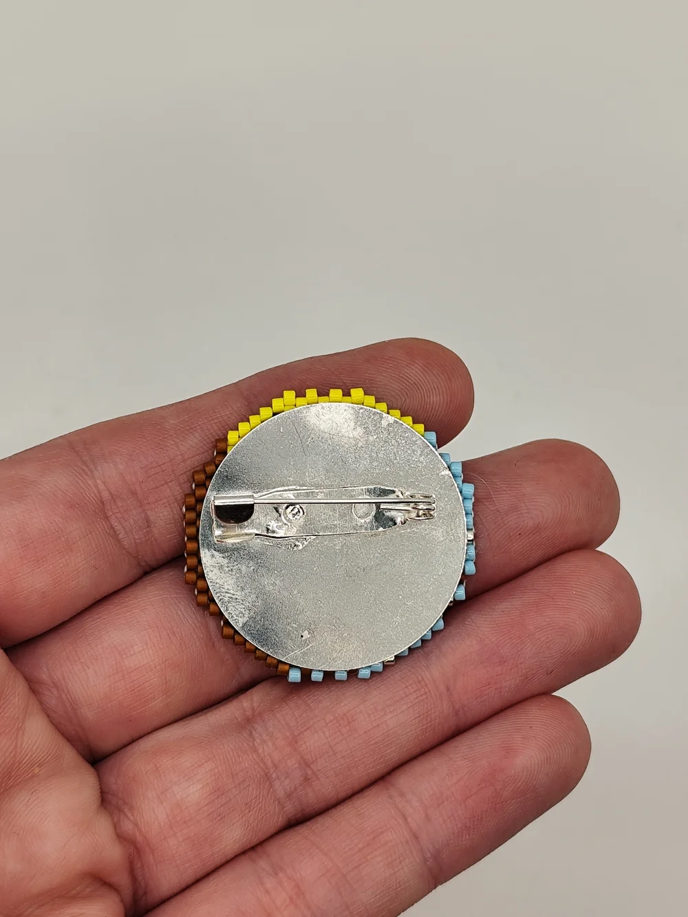 Beaded Owl Circle Pin - Yellow Blue Brown